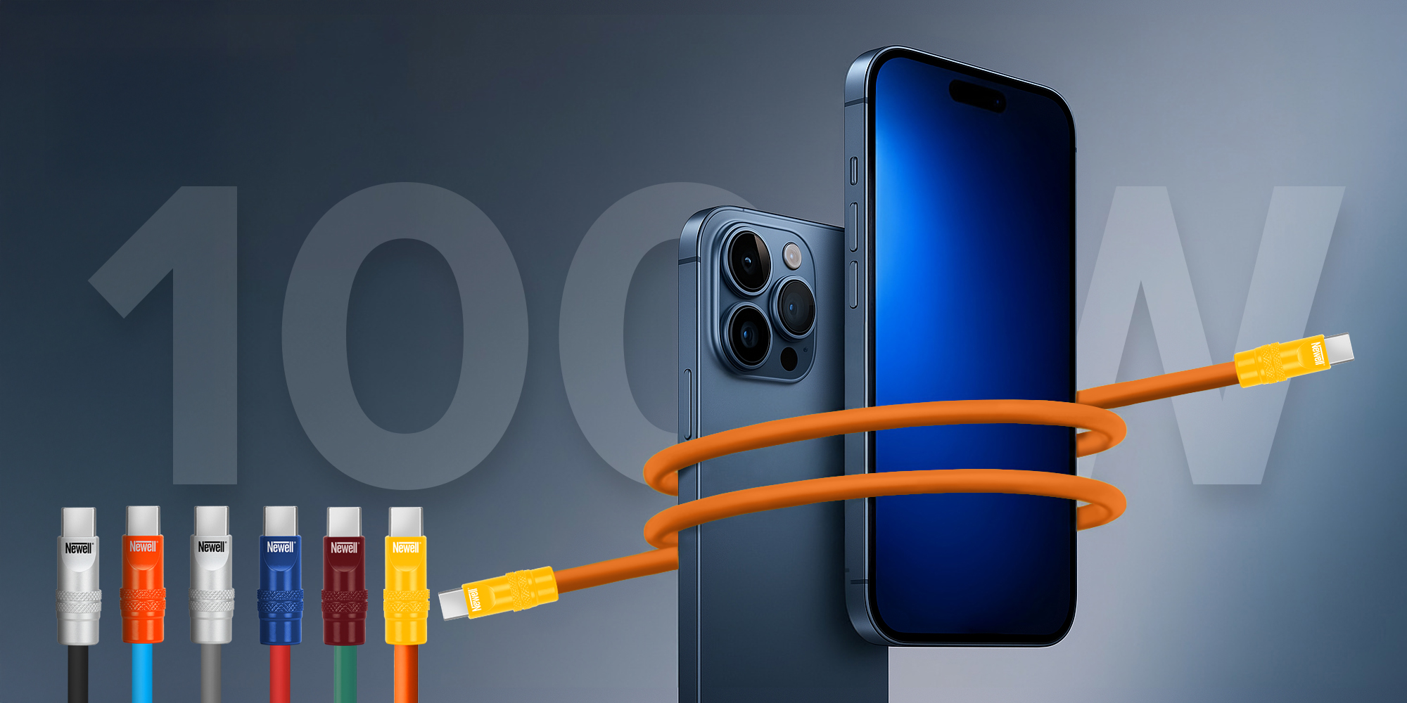 Kabel Newell USB-C - USB-C 100 W, 1,5 m, silikonowy, spiralny, pomarańczowo-żółty